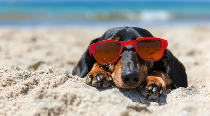 Black and Tan Dachshund Buried at Beach

