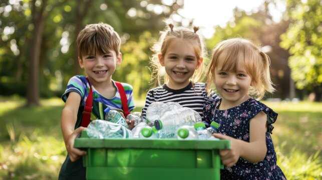 The children with recycling bin
