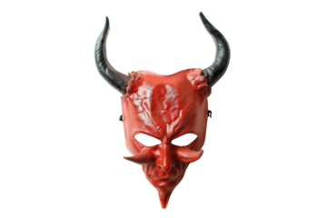 A red devil mask with horns and a fierce expression. The mask is isolate on white background