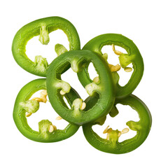 Close-up of five fresh, green jalapeno pepper slices. isolate on white background
