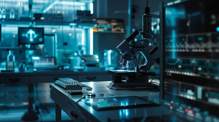 High-tech laboratory with precision robotic instruments and advanced data visualization tools.