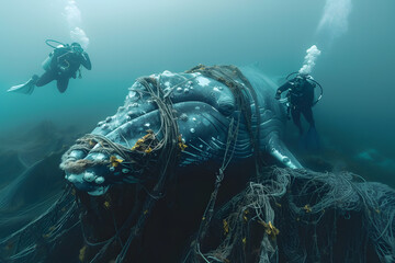 Fototapeta premium People Save Whale Trap Fish Net