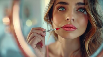 A woman applies shiny red lipstick while looking in a mirror, with her face adorned with subtle sparkles, encapsulating a modern and glamorous cosmetic routine.