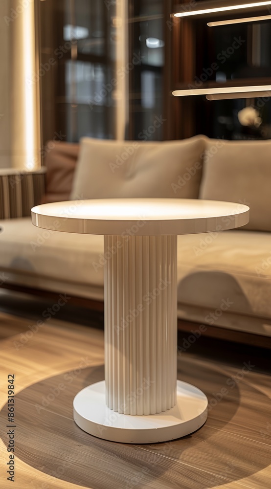Poster a modern round dining table with fluted column and white top for product display, placed on the floo