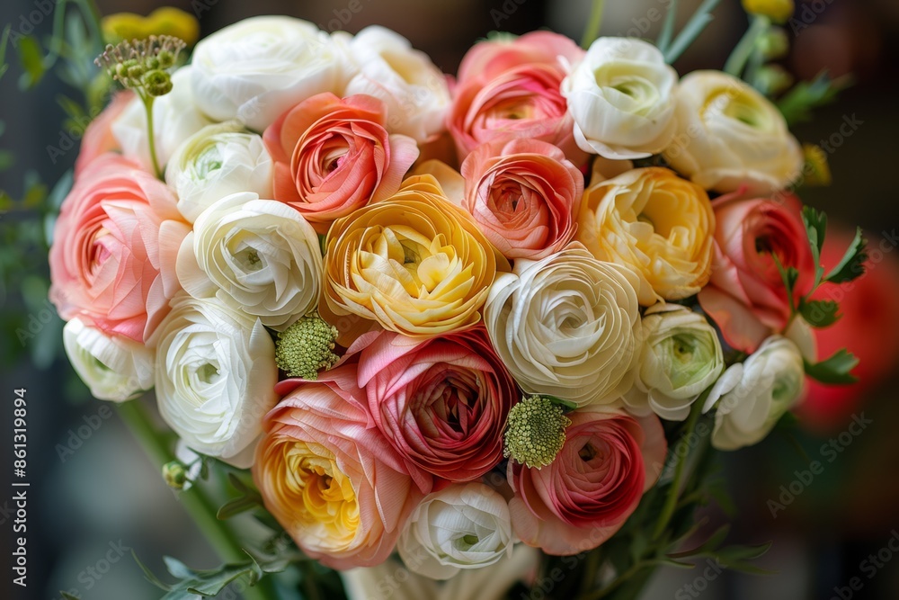 Wall mural a beautiful love heart shape bouquete made of white and pink yellow ranunculus in floral shop