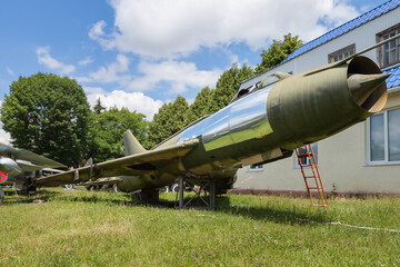 Lutsk, Ukraine - June 15, 2021: Old Soviet jet bomber SU-7. Parking of abandoned military equipment