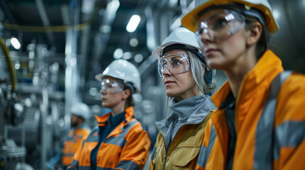 Group of engineers in safety gear attentively observing operations within an industrial factory, emphasizing teamwork and precision.