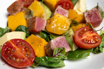 Macro shot of Salad with duck breast, Mango, and Tomato