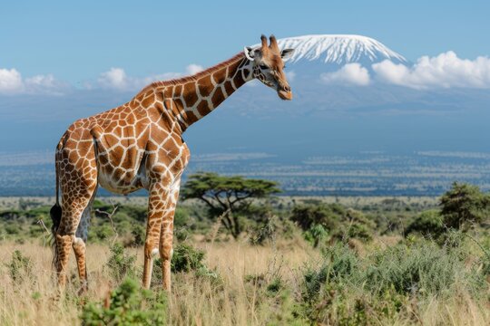 Reticulated giraffe (Giraffa camelopardalis reticulata) and Mount Kenya, Laikipia County, Kenya
