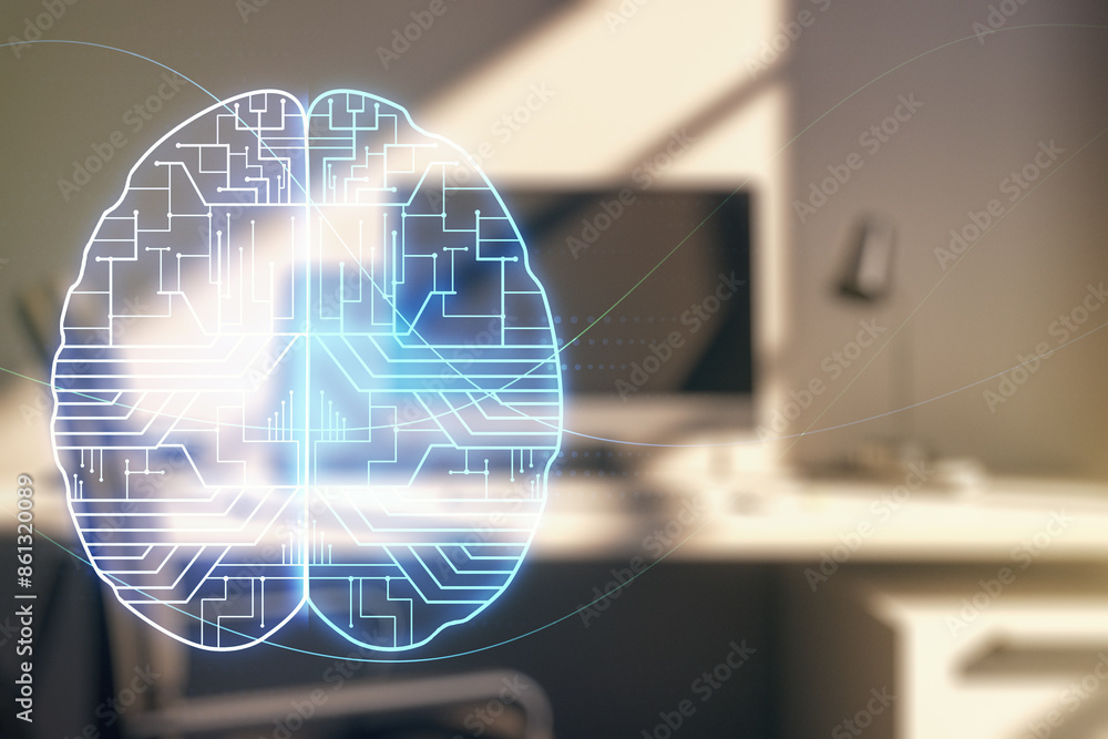 Poster creative artificial intelligence concept with human brain hologram and modern desktop with computer 