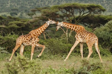 Obraz premium Reticulated giraffes (Giraffa camelopardalis reticulata) sparring, Laikipia County, Kenya