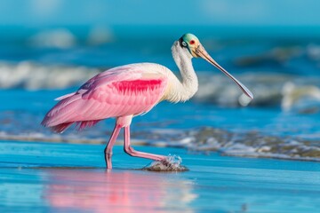 Roseatte spoonbill Platalea ajaja side view with pink wings and feathers walking in shallow water in Florida. Large waterfowl birds sea shore birds with pink color