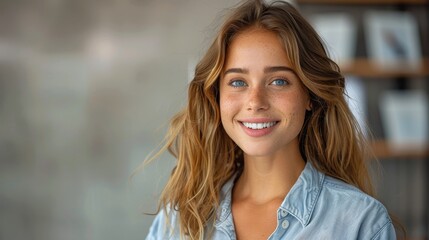 A smiling woman with freckles wearing a casual blue shirt, embodying natural beauty and a joyful expression in a simple, relaxed setting that emphasizes purity and happiness.