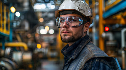 Male worker wearing safety gear, including a hard hat and goggles, in an industrial factory, symbolizing safety and expertise.