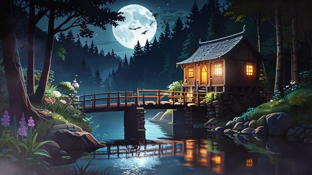 Wooden house by the river with a nighttime atmosphere in the middle of the forest, in a smooth looping background with 4K video animation.