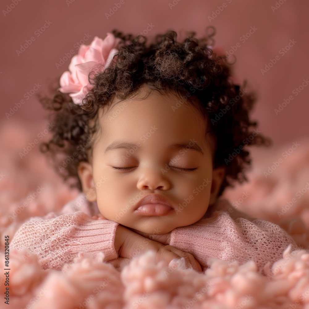 Poster  a newborn baby, mixed polish and african, sleeping, pink background, studio photopraphy