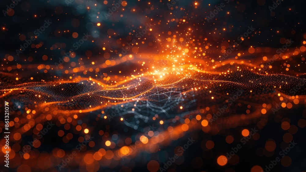 Poster 3d rendered landscape of orange waves with glowing edges on a dark background. digital art of orange