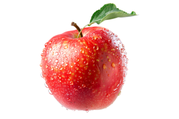 A fresh red apple with dew drops and leaves isolated on white background.