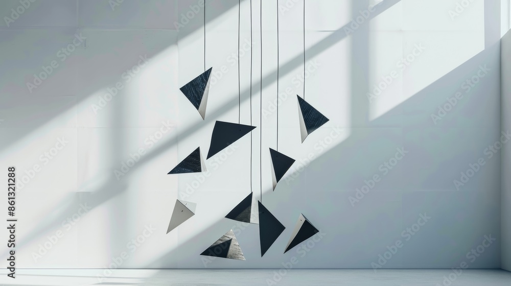 Poster a minimalist mobile showcasing a series of geometric shapes floating in space.