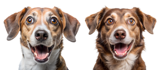 Close-up of the tilted muzzle of two dogs on a transparent background. The dog is colored in shades of white and brown. Studio shooting.