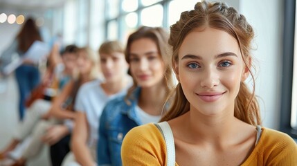 Fototapeta premium A cheerful young woman with long hair smiling in a bright room with peers blurred in the background, capturing a moment of happiness and youthful energy in a lively setting.