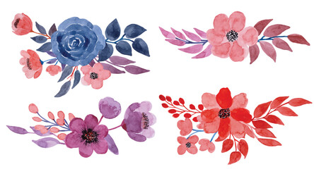 Watercolor pink purple flower bouquet collection. pink flower bouquets, leaf branches. Wedding ornament concept. Vector for greeting card or invitation design