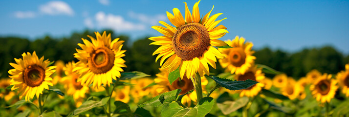 Fototapeta premium beautiful yellow sunflowers outside on a blue sky background