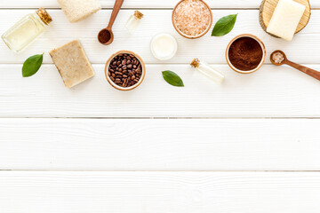 Handmade organic coffee face scrub and sea salt, top view