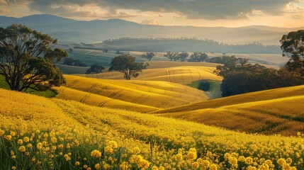 Obraz premium The setting sun casts a warm glow over the endless sea of yellow canola blossoms