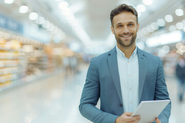 Fototapeta premium Confident Businessman with Tablet in Supermarket Aisle