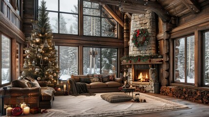 Interior room with wooden wall Christmas tree and fireplace creating a cozy holiday ambiance 