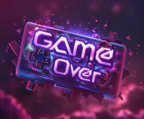 Neon game over sign on futuristic cityscape background with spilled beans reflecting vibrant lights