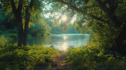 Fototapeta premium A view of the river among the trees in the park 