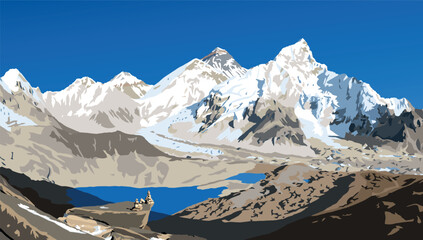 mount Everest and Nuptse from Nepal side as seen from Kala Patthar peak with stone pyramid, vector illustration, Mt Everest 8,848 m, Khumbu valley, Sagarmatha national park, Nepal Himalayas mountains
