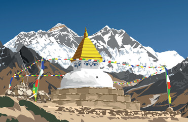 Stupa with prayer flags and Mount Everest and Lhotse peak, way to Mt Everest base camp, Nepal Himalayas mountains, vector illustration