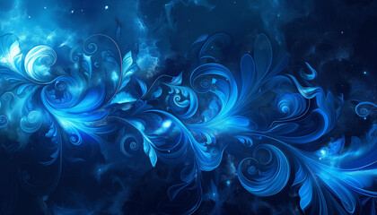 Fototapeta premium Abstract digital artwork with swirling blue patterns and floral elements, creating a dynamic and mysterious scene