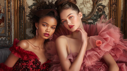 Two elegant women in luxurious, fashionable gowns, posing stylishly, showcasing haute couture fashion in a sophisticated setting.