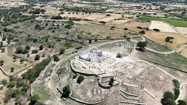 Aerial drone shot of the Temple of Demeter on Naxos, Greece.