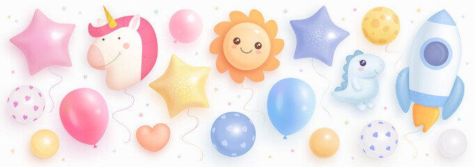 Set of 3d realistic colorful helium balloons isolated on white background. Unicorn, sun, rocket, dinosaur. Birthday cartoon element. Vector illustration © AM_art