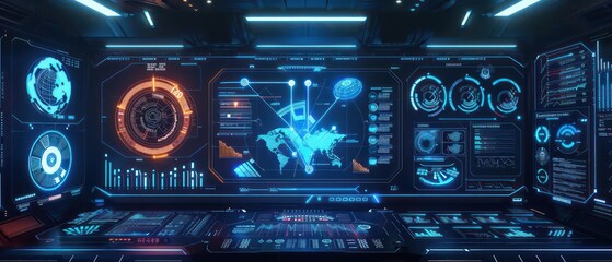 Obraz premium Advanced digital dashboard monitoring supercomputer performance with ample room for copy