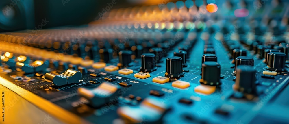 Wall mural closeup of a digital sound mixer in a modern, hightech recording environment with room for copy