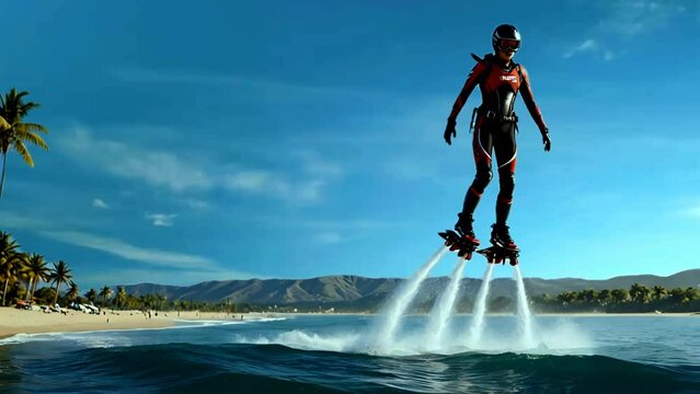 Thrilling Flyboarding Experience Over Ocean Waves: Seamless 4K Animation Generated by AI