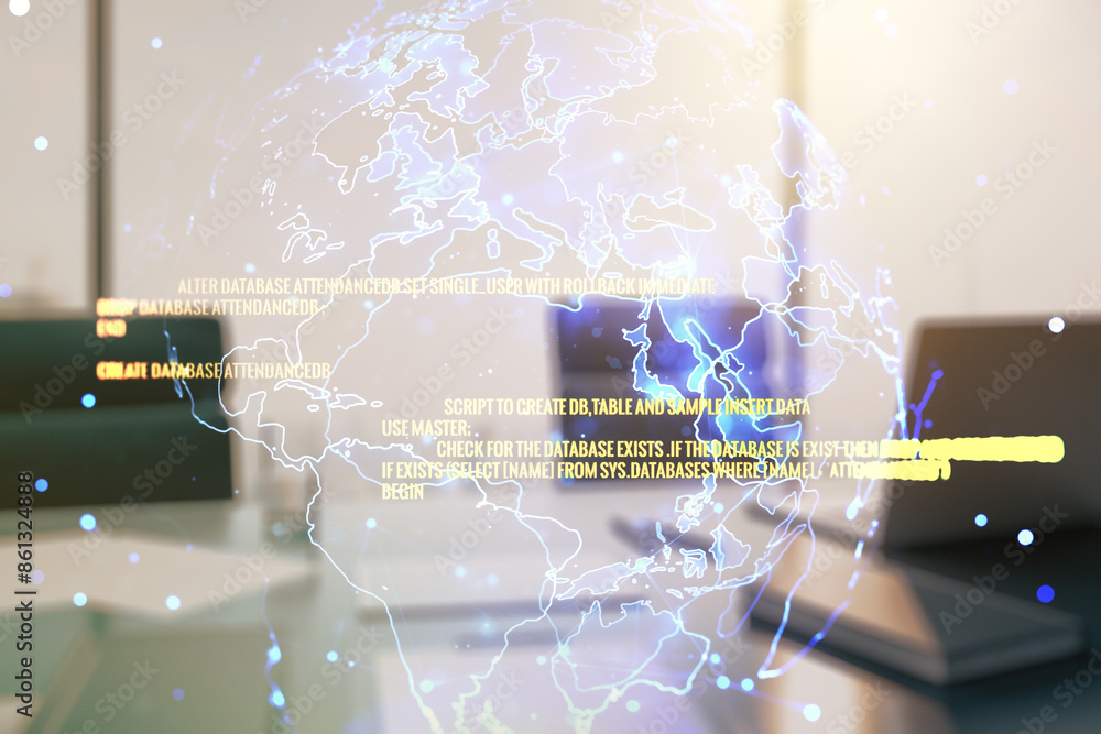 Poster double exposure of abstract programming language with world map and modern desktop with laptop on ba