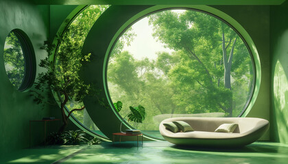 Room with a large circular window offering a view of greenery, featuring minimalist furniture and green decor