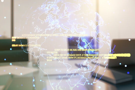 Double exposure of abstract programming language with world map and modern desktop with laptop on background, research and development concept