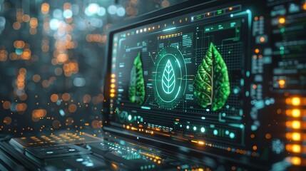 Obraz premium A futuristic illustration of a green energy icon displayed on a monitor, highlighting the importance of renewable energy sources.