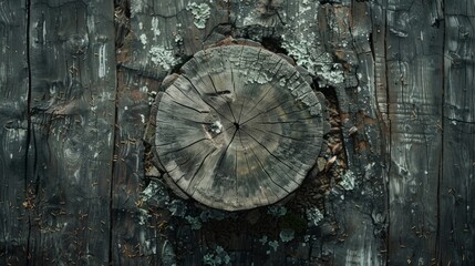 Obraz premium Top down view of a tree stump on a wooden surface Monochromatic image in brown and white 