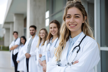 Fototapeta premium Portrait of happy young nurse in uniform with healthcare team in background. Successful team of doctor and nurses smiling. Beautiful and satisfied healthcare worker in private clinic looking at camera