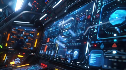 Obraz premium Closeup of advanced digital tools for space commerce in a sleek, futuristic business environment with room for copy