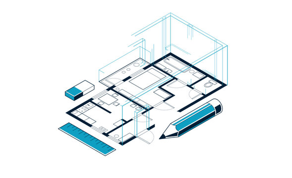 Floorplan implementation drawing with pencil, flat plan residential house or apartment blueprint, 3D isometric vector illustration, interior design project top view.